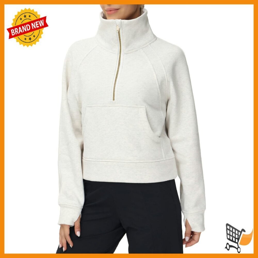 Half Zip Fleece Pullover Crop Sweatshirt with Thumb Holes & Pockets